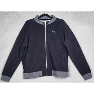 UNDER ARMOUR Jacket Womens XL Black Threadborne Fleece Bomber Full Zip Loose